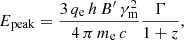 Mathematical equation: $$ \begin{aligned} E_{\rm peak} = \frac{ 3\,q_{\rm e}\,h\,B^\prime \,\gamma _{\rm m}^2}{4\,\pi \,m_{\rm e}\,c} \frac{\Gamma }{1 + z}, \end{aligned} $$
