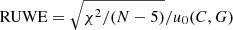 Mathematical equation: $$ \begin{aligned} {\mathrm{RUWE} } = \sqrt{\chi ^2/(N - 5)}/u_0(C, G) \end{aligned} $$