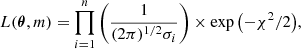 Mathematical equation: $$ \begin{aligned} L({\boldsymbol{\theta }}, m) = \prod _{i=1}^n \left(\frac{1}{(2\pi )^{1/2}\sigma _i}\right) \times \exp { \left(- \chi ^2/2 \right)}, \end{aligned} $$