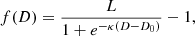 Mathematical equation: $$ \begin{aligned} f(D) = \frac{L}{1 + e^{-\kappa (D- D_0)}} - 1, \end{aligned} $$