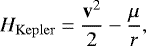 Mathematical equation: \begin{equation*} H_{\mathrm{Kepler}} = \frac{\mathbf{v}^2}{2} -\frac{\mu}{r}, \vspace*{1pt}\end{equation*}