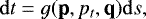 Mathematical equation: \begin{equation*} \mathrm{d} t = g(\textbf{p}, p_t,\textbf{q})\mathrm{d} s,\end{equation*}