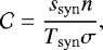 Mathematical equation: \begin{equation*} \mathcal{C} = \frac{s_{\mathrm{syn}}n}{T_{\mathrm{syn}}\sigma} ,\end{equation*}