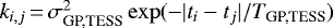 Mathematical equation: $k_{i,j}\,{=}\,\sigma^2_{\textrm{GP,TESS}} \exp(- |t_i - t_j|/T_{\textrm{GP,TESS}})$
