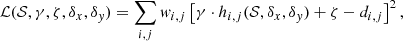 Mathematical equation: $$ \begin{aligned} \mathcal{L} (\mathcal{S} ,\gamma ,\zeta ,\delta _x,\delta _{ y}) = \sum _{i,j} { w}_{i,j} \left[ \gamma \cdot h_{i,j}(\mathcal{S} ,\delta _x,\delta _{ y})+\zeta - d_{i,j} \right]^2, \end{aligned} $$