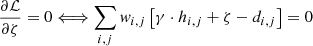Mathematical equation: $$ \begin{aligned} \frac{\partial\mathcal{L}}{\partial\zeta}=0 & \Longleftrightarrow \sum_{i,j} {\it w}_{i,j} \left[ \gamma\cdot h_{i,j}+\zeta - d_{i,j} \right]=0 \end{aligned} $$