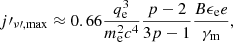 Mathematical equation: $$ \begin{aligned} j\prime _{\nu \prime ,\mathrm{max} } \approx 0.66\frac{q_\mathrm{e} ^3}{m_\mathrm{e} ^2 c^4}\frac{p-2}{3p-1}\frac{B \epsilon _\mathrm{e} e}{\gamma _\mathrm{m} } , \end{aligned} $$