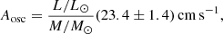 Mathematical equation: $$ \begin{aligned} A_{\rm osc} = \frac{L/L_{\odot }}{M/M_{\odot }} (23.4 \pm 1.4)\,\mathrm{cm\,s}^{-1}, \end{aligned} $$