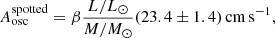 Mathematical equation: $$ \begin{aligned} A_{\rm osc}^\mathrm{spotted} = \beta \frac{L/L_{\odot }}{M/M_{\odot }} (23.4 \pm 1.4)\,\mathrm{cm\,s}^{-1}, \end{aligned} $$