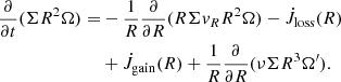 Mathematical equation: $$ \begin{aligned} \frac{\partial }{\partial t}(\Sigma R^2 \Omega ) = &- \frac{1}{R} \frac{\partial }{\partial R} (R \Sigma { v}_R R^2 \Omega ) - \dot{J}_{\rm loss}(R)\\&+ \dot{J}_{\rm gain}(R) + \frac{1}{R} \frac{\partial }{\partial R}(\nu \Sigma R^3 \Omega ^\prime ). \nonumber \end{aligned} $$