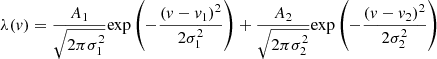 Mathematical equation: $$ \begin{aligned} \lambda ({ v})=\frac{A_1}{\sqrt{2 \pi \sigma _{1}^2}} \mathrm{exp} \left(-\frac{({ v}-{ v}_1)^2}{2 \sigma _{1}^2} \right)+\frac{A_2}{\sqrt{2 \pi \sigma _{2}^2}} \mathrm{exp} \left(-\frac{({ v}-{ v}_2)^2}{2 \sigma _{2}^2} \right) \end{aligned} $$