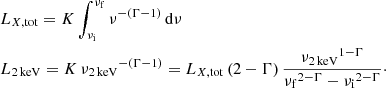 Mathematical equation: $$ \begin{aligned}&L_{X,\mathrm{tot}}=K\int _{\nu _{\rm i}}^{\nu _{\rm f}}\nu ^{-(\Gamma -1)}\,\mathrm{d}\nu \nonumber \\&L_{\rm 2\,keV}=K\,{\nu _{\rm 2\,keV}}^{-(\Gamma -1)}=L_{X,\mathrm{tot}}\,(2-\Gamma )\,\frac{{\nu _{\rm 2\,keV}}^{1-\Gamma }}{{\nu _{\rm f}}^{2-\Gamma }-{\nu _{\rm i}}^{2-\Gamma }}\cdot \end{aligned} $$