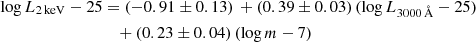 Mathematical equation: $$ \begin{aligned} \log L_{\rm 2\,keV} -25&= (-0.91\pm 0.13)\,+(0.39\pm 0.03)\,(\log L_{3000\,\AA } -25)\nonumber \\&\quad +(0.23\pm 0.04)\,(\log m -7) \end{aligned} $$