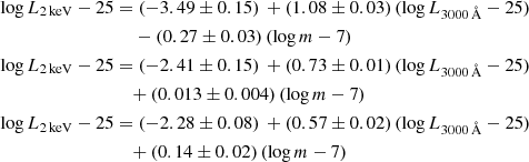 Mathematical equation: $$ \begin{aligned} \log L_{\rm 2\,keV} -25&= (-3.49\pm 0.15)\,+(1.08\pm 0.03)\,(\log L_{3000\,\AA } -25) \nonumber \\&\quad \;-(0.27\pm 0.03)\,(\log m -7) \nonumber \\ \log L_{\rm 2\,keV} -25&= (-2.41\pm 0.15)\,+(0.73\pm 0.01)\,(\log L_{3000\,\AA } -25) \nonumber \\&\quad +(0.013\pm 0.004)\,(\log m -7) \nonumber \\ \log L_{\rm 2\,keV} -25&= (-2.28\pm 0.08)\,+(0.57\pm 0.02)\,(\log L_{3000\,\AA } -25)\nonumber \\&\quad +(0.14\pm 0.02)\,(\log m -7) \end{aligned} $$