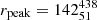Mathematical equation: $ r_{\mathrm{peak}}=142_{51}^{438} $