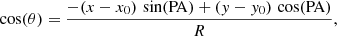 Mathematical equation: $$ \begin{aligned} \cos (\theta ) = \frac{-(x-x_{0})\, \sin (\mathrm{PA}) + (y-y_{0}) \, \cos (\mathrm{PA})}{R}, \end{aligned} $$