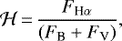 Mathematical equation: \begin{equation*}\mathcal{H}\,{=}\,\frac{F_{\textrm{H}\alpha}}{(F_{\textrm{B}}+F_{\textrm{V}})}, \end{equation*}