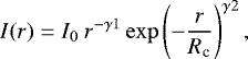 Mathematical equation: \begin{equation*} I(r) = I_0 ~ r^{-\gamma1} \exp\left(-\frac{r}{R_{\textrm{c}}}\right)^{\gamma2}, \end{equation*}