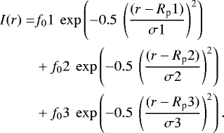 Mathematical equation: \begin{align*} I(r) =& f_01 ~ \exp\left(-0.5~\left(\frac{(r-R_{\textrm{p}}1)}{\sigma1}\right)^2\right)\nonumber\\ &+ f_02 ~ \exp\left(-0.5~\left(\frac{(r-R_{\textrm{p}}2)}{\sigma2}\right)^2\right)\nonumber\\ &+ f_03 ~ \exp\left(-0.5~\left(\frac{(r-R_{\textrm{p}}3)}{\sigma3}\right)^2\right). \end{align*}