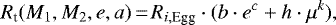 Mathematical equation: \begin{equation*}R_{\textrm{t}}(M_1,M_2,e,a)\,{=}\,R_{i,\textrm{Egg}}\cdot(b\cdot e^c+h\cdot\mu^k), \end{equation*}