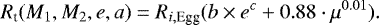 Mathematical equation: \begin{equation*}R_{\textrm{t}}(M_1,M_2,e,a)=R_{i,\textrm{Egg}}(b\times e^c+0.88\cdot\mu^{0.01}). \end{equation*}
