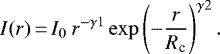Mathematical equation: \begin{equation*}I(r) \,{=}\, I_0 ~ r^{-\gamma1} \exp\left(-\frac{r}{R_{\textrm{c}}}\right)^{\gamma2}. \end{equation*}