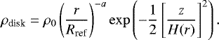 Mathematical equation: \begin{equation*} \rho_{\text{disk}}=\rho_0 \left( \frac{r}{R_{\text{ref}}} \right)^{-a} \exp\left(-\frac{1}{2}\left[\frac{z}{H(r)}\right]^2 \right).\end{equation*}