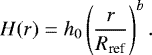 Mathematical equation: \begin{equation*} H(r)=h_0 \left(\frac{r}{R_{\text{ref}}}\right)^{b}.\end{equation*}