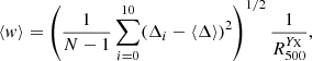 Mathematical equation: $$ \begin{aligned} \langle w \rangle = \left( \frac{1}{N-1} \sum _{i=0}^{10} (\Delta _i - \langle \Delta \rangle )^2 \right)^{1/2} \frac{1}{R_{500}^{{Y}_{\mathrm{X}}}}, \end{aligned} $$