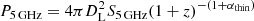 Mathematical equation: $$ \begin{aligned} P_{\rm 5\,GHz} = 4 \pi D_{\rm L}^2 S_{\rm 5\,GHz} (1+z)^{-(1+\alpha _{\rm thin})} \end{aligned} $$
