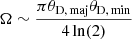 Mathematical equation: $ \Omega \sim \frac{\pi \theta_{\mathrm{D, \, maj}} \theta_{\mathrm{D, \, min}}}{4\ln(2)} $