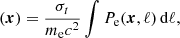 Mathematical equation: $$ \begin{aligned} (\boldsymbol{x}) = \frac{\sigma _{t }}{m_{\mathrm{e} }c^2} \int P_{\mathrm{e} }(\boldsymbol{x},\ell )\, \mathrm{d} \ell , \end{aligned} $$