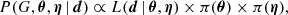 Mathematical equation: $$ \begin{aligned} P(G, \boldsymbol{\theta }, \boldsymbol{\eta }\,|\, \boldsymbol{d} ) \propto L( \boldsymbol{d} \,| \, \boldsymbol{\theta }, \boldsymbol{\eta }) \times \pi (\boldsymbol{\theta }) \times \pi (\boldsymbol{\eta }), \end{aligned} $$