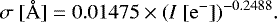 Mathematical equation: \begin{eqnarray*} \sigma~[\r{A}] = 0.01475 \times (I~[\mathrm{e}^{-}])^{-0.2488}.\end{eqnarray*}