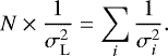 Mathematical equation: \begin{eqnarray*} N \times {\frac{1}{\sigma_{\mathrm{L}}^2}} = \sum_{i} {\frac{1}{\sigma_i^2}}.\end{eqnarray*}