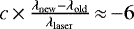 Mathematical equation: $c\,{\times}\,\frac{\lambda_{\mathrm{new}}-\lambda_{\mathrm{old}}}{\lambda_{\mathrm{laser}}}\,{\approx}\,{-}6$