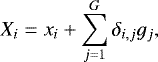 Mathematical equation: \begin{eqnarray*} X_i = x_i + \sum\limits_{j=1}^G \delta_{i,j} g_j,\end{eqnarray*}