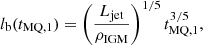 Mathematical equation: $$ \begin{aligned} l_{\mathrm{b} }(t_{\mathrm{MQ} ,1}) = \left(\frac{L_{\mathrm{jet} }}{\rho _{\mathrm{IGM} }}\right)^{1/5}t_{\mathrm{MQ} ,1}^{3/5}, \end{aligned} $$