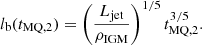 Mathematical equation: $$ \begin{aligned} l_{\mathrm{b} }(t_{\mathrm{MQ} ,2}) = \left(\frac{L_{\mathrm{jet} }}{\rho _{\mathrm{IGM} }}\right)^{1/5}t_{\mathrm{MQ} ,2}^{3/5}. \end{aligned} $$