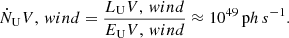 Mathematical equation: $$ \begin{aligned} \dot{N}_\mathrm UV,\, wind = \frac{L_\mathrm UV,\, wind }{E_\mathrm UV,\,wind } \approx 10^{49}\,\mathrm ph\,s^{-1} . \end{aligned} $$