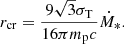 Mathematical equation: $$ \begin{aligned} r_{\mathrm{cr} }=\frac{9\sqrt{3}\sigma _{\mathrm{T} }}{16\pi m_{\mathrm{p} }c}\dot{M}_{\mathrm{*} }. \end{aligned} $$