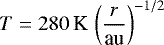 Mathematical equation: \begin{equation*} T=280\,\textrm{K} \,\left(\frac{r}{\textrm{au}}\right)^{-1/2} \end{equation*}