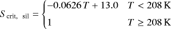 Mathematical equation: \begin{equation*} S_{\textrm{crit, \, sil}}= \begin{cases} -0.0626 \, T+13.0 & T < 208\,\textrm{K}\\[4pt] 1 & T \ge 208\,\textrm{K} \end{cases}\end{equation*}