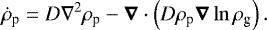 Mathematical equation: \begin{equation*} \dot{\rho}_{\textrm{p}} = D \nabla^2 \rho_{\textrm{p}} - \boldsymbol{\nabla} \cdot \left( D \rho_{\textrm{p}} \boldsymbol{\nabla} \ln \rho_{\textrm{g}} \right) .\end{equation*}