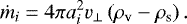Mathematical equation: \begin{equation*} \dot{m}_i = 4 \pi a_i^2 v_{\perp} \left( \rho_{\textrm{v}} - \rho_{\textrm{s}} \right) . \end{equation*}