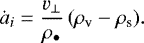 Mathematical equation: \begin{equation*} \dot{a}_i = \frac{v_{\perp}}{\rho_{\bullet}} \left( \rho_{\textrm{v}} - \rho_{\textrm{s}} \right)\!. \end{equation*}