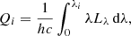 Mathematical equation: $$ \begin{aligned} Q_i = \dfrac{1}{hc} \int _0^{\lambda _i} \lambda L_{\lambda }\, \mathrm{d}\lambda , \end{aligned} $$