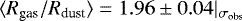 Mathematical equation: $\langle R_{\textrm{gas}}/R_{\textrm{dust}}\rangle = 1.96 \pm 0.04|_{\sigma_{\textrm{obs}}}$