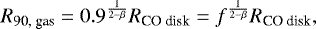 Mathematical equation: \begin{equation*}{R_{\textrm{90, gas}}} = 0.9^{\frac{1}{2-\beta}}{R_{\textrm{CO\ disk}}} = f^{\frac{1}{2-\beta}}{R_{\textrm{CO\ disk}}}, \end{equation*}