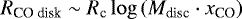 Mathematical equation: ${R_{\textrm{CO\ disk}}} \sim {R_{\textrm{c}}} \log \left({M_{\textrm{disc}}}\cdot x_{\textrm{CO}}\right)$